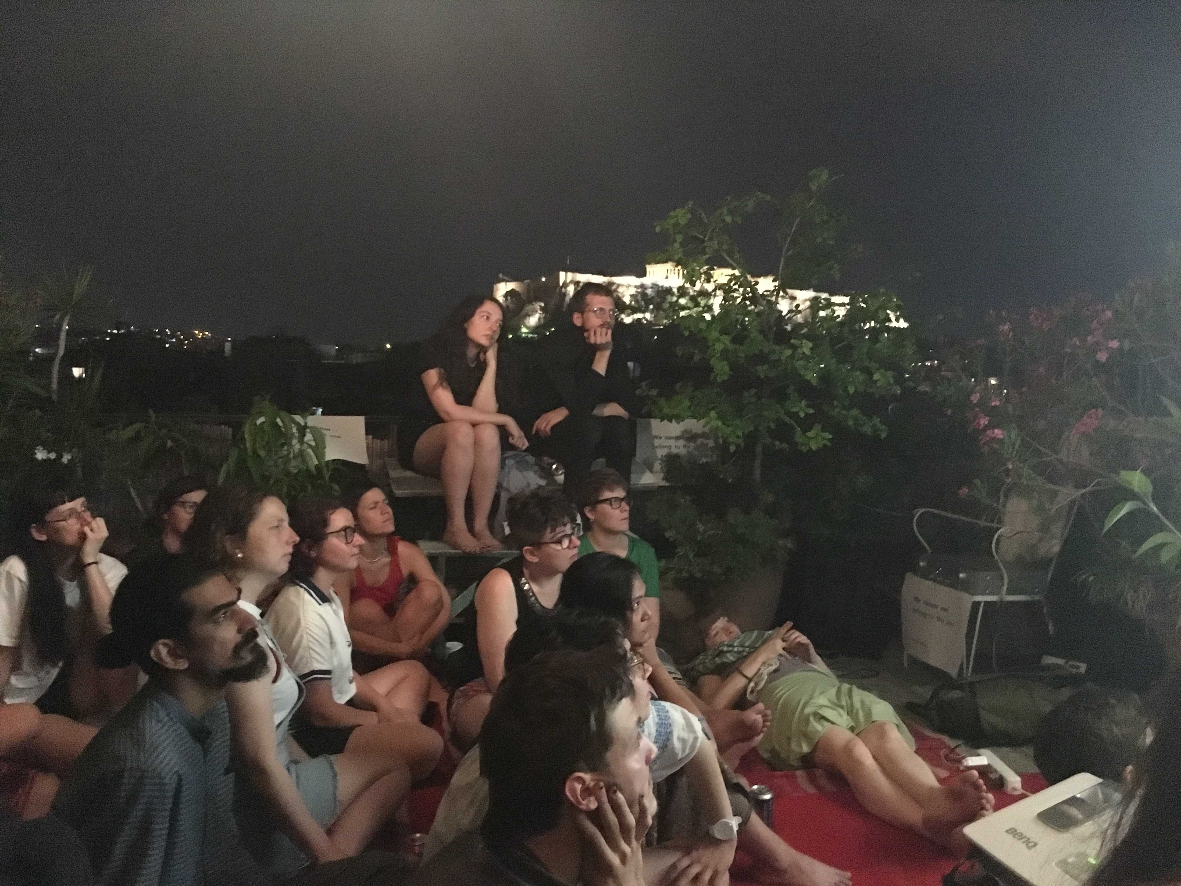 Film screening by DAI student Areumnari Ee during Rooftop Symposium - ISLANDTHINKING - in Exarcheia, Athens ~ Hosted by DAI Student Yen Noh and Alexander Seferiades 