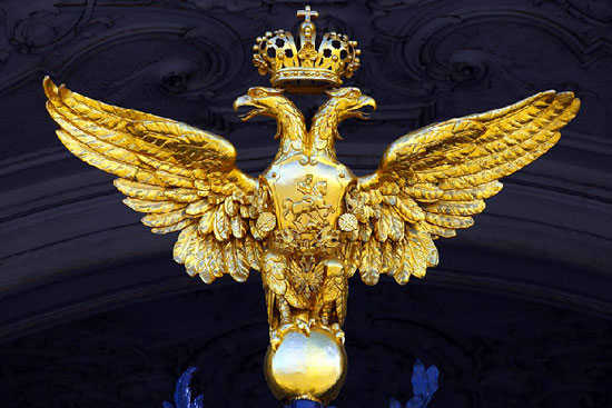 The two-headed imperial eagle presides over the gate of the State Hermitage Museum, Saint Petersburg.