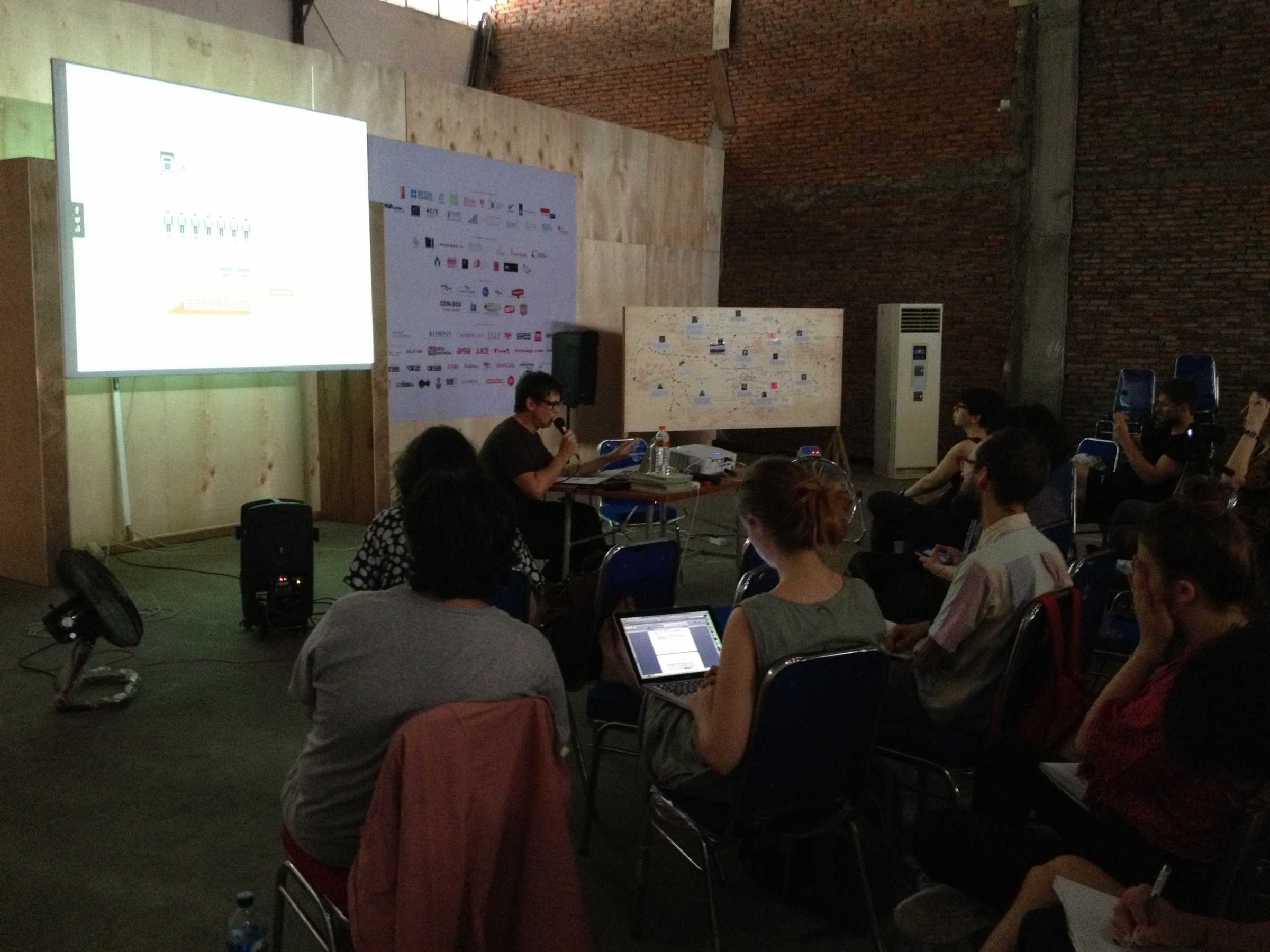 Brett Neilson lecturing at the Jakarta Biennale 2015 upon an invitation by DAI's theory tutors Rachel O'Reilly and Marina Vishmidt.