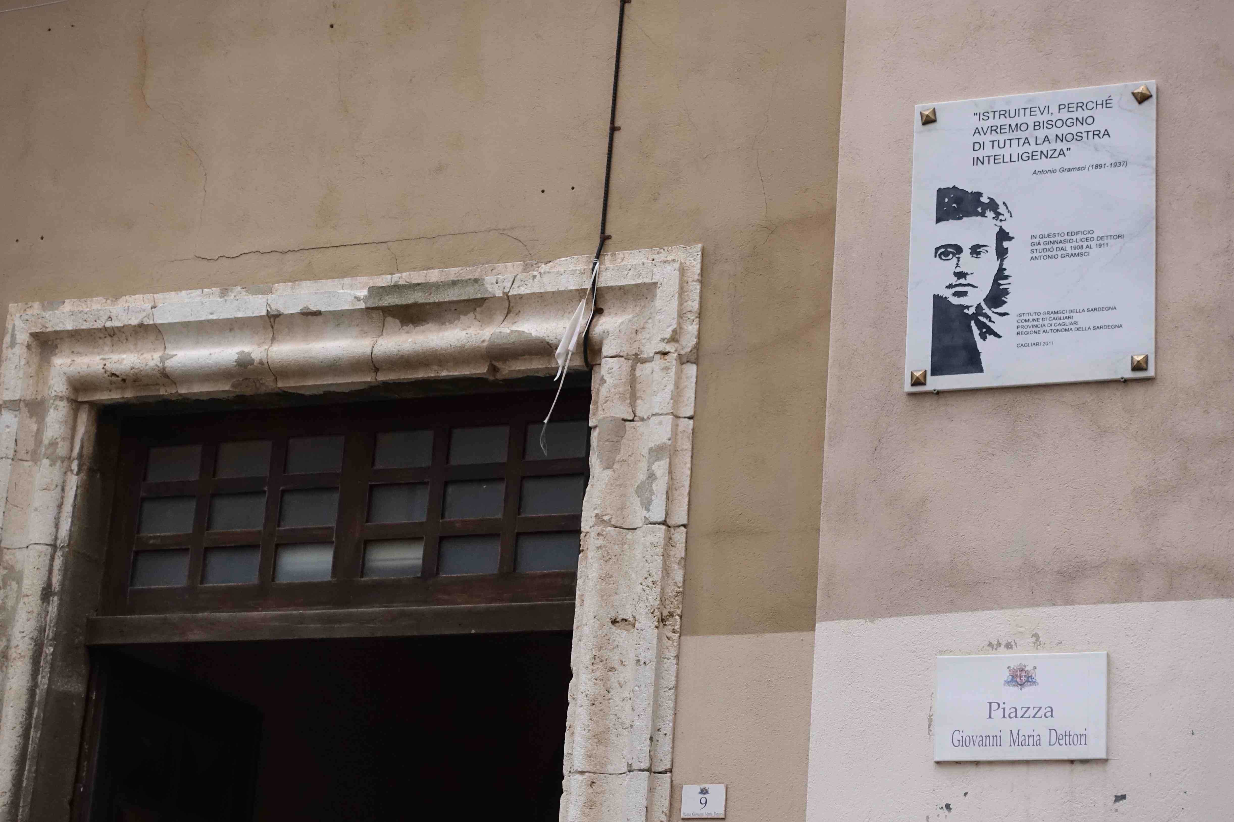 Antonio Gramsci's secondary school in Cagliara. The plaque reads,  "Educate yourselves because we'll need all our intelligence." Photo by Linda Herrera. From: http://www.middleeastdigest.com/pages/index/26685/reminiscing-gramsci