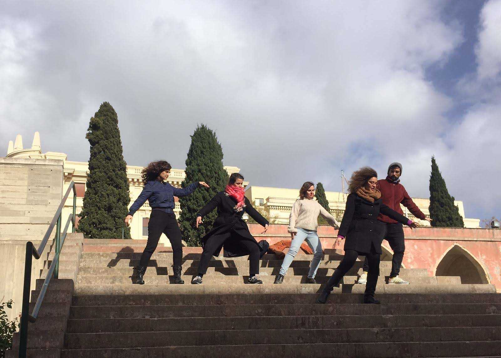 Choreography performed as part of Livio Casanova's student led session for COOP study group Curating Positions. DAI Week 4, Cagliari 2019. In the picture from left to right, Marwa Arsanios, an unknown person whose face is hidden under a scarf, Leire Vergara, Dina Mohamed, Raphael Daibert.
