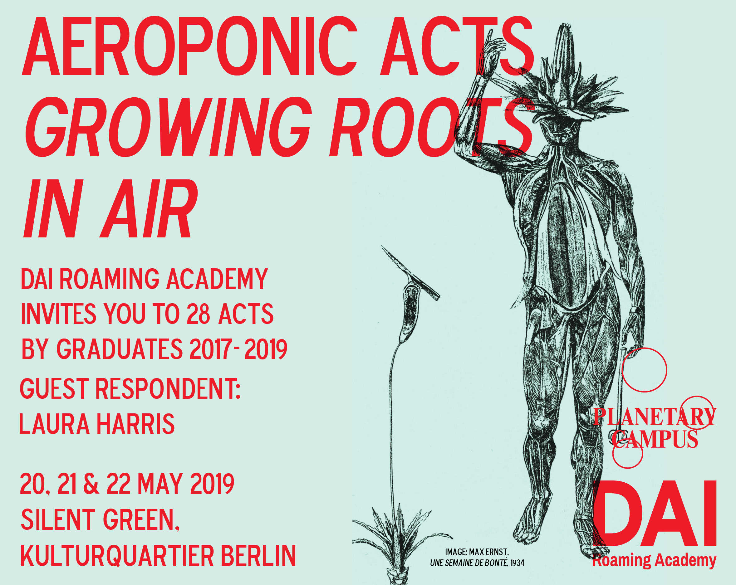 AEROPONIC ACTS -growing roots in air. 28 DAI graduates at the Cupola of silent green in Berlin. May 20,21,22, 2019.