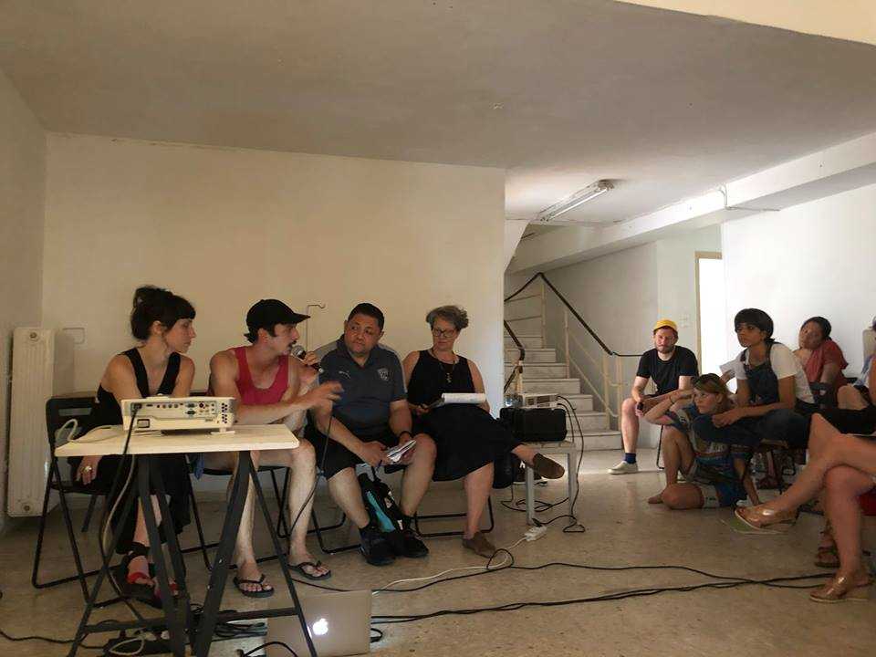Sara Gianini, Alejandro Ceron, Bassam El Baroni and Ruth Noack responding to DAI Kitchen presentations at Circuits and Currents in Athens. July, 2017.