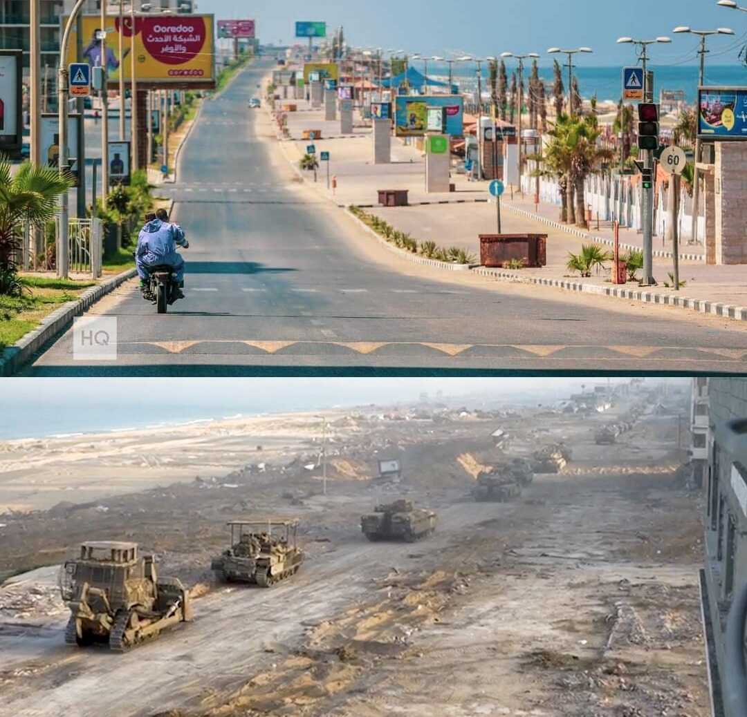 Al-Rashid Street in Gaza City, before and after October 7. Bottom image: Reuters
