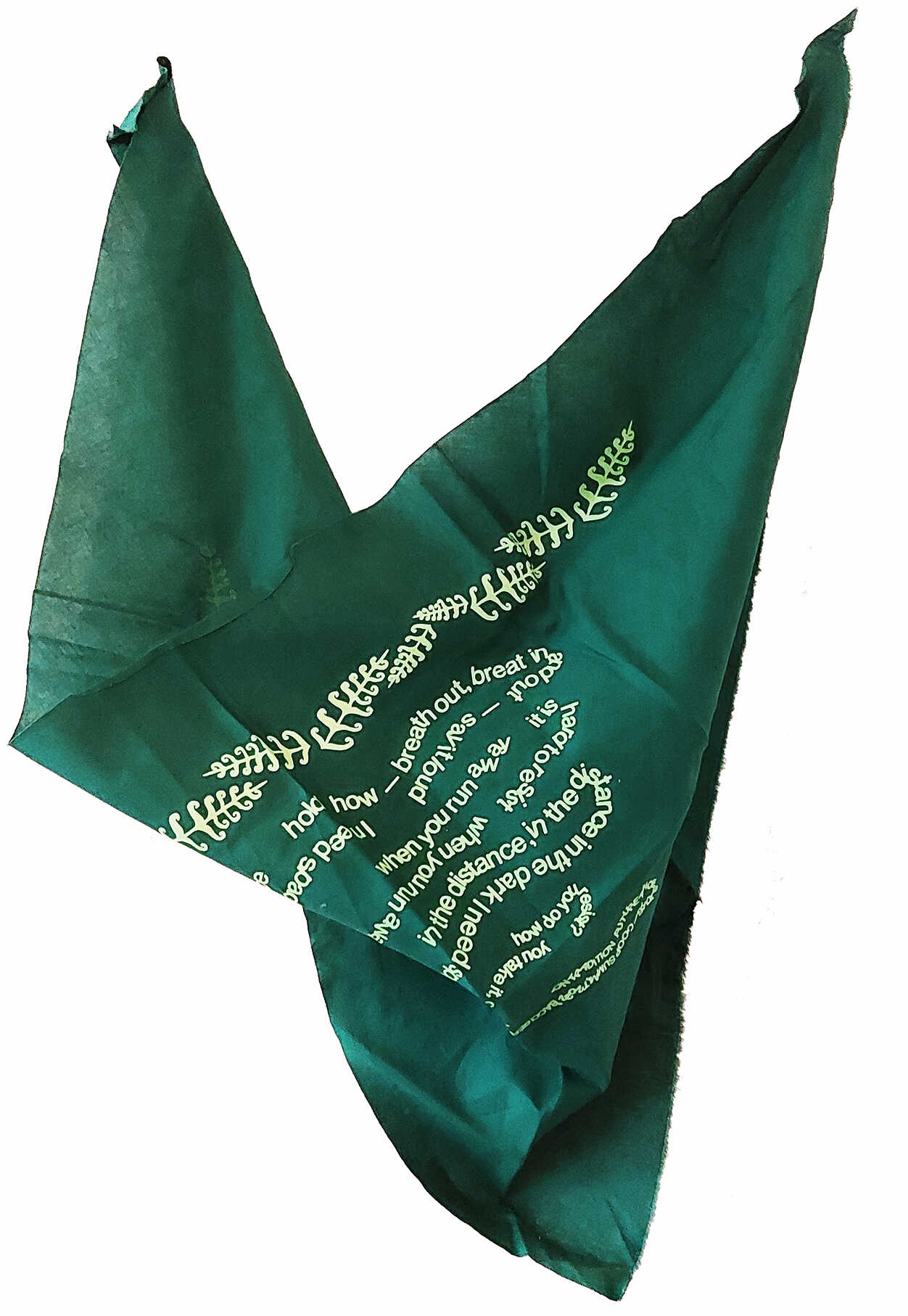 Green triangular bandana designed by COOP study group On Tradition - Future Ancestors 2: Rurality and Law for 2021- 2022 ~ COOP SUMMIT ~ collaborative research presentations in Bergamo & Milan.