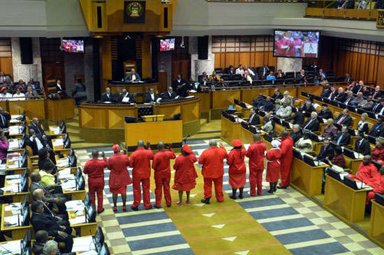Members of the EFF (Economic Freedom Fighters) is sworn into parliament wearing their miner’s overalls and maid’s uniforms, 2014.