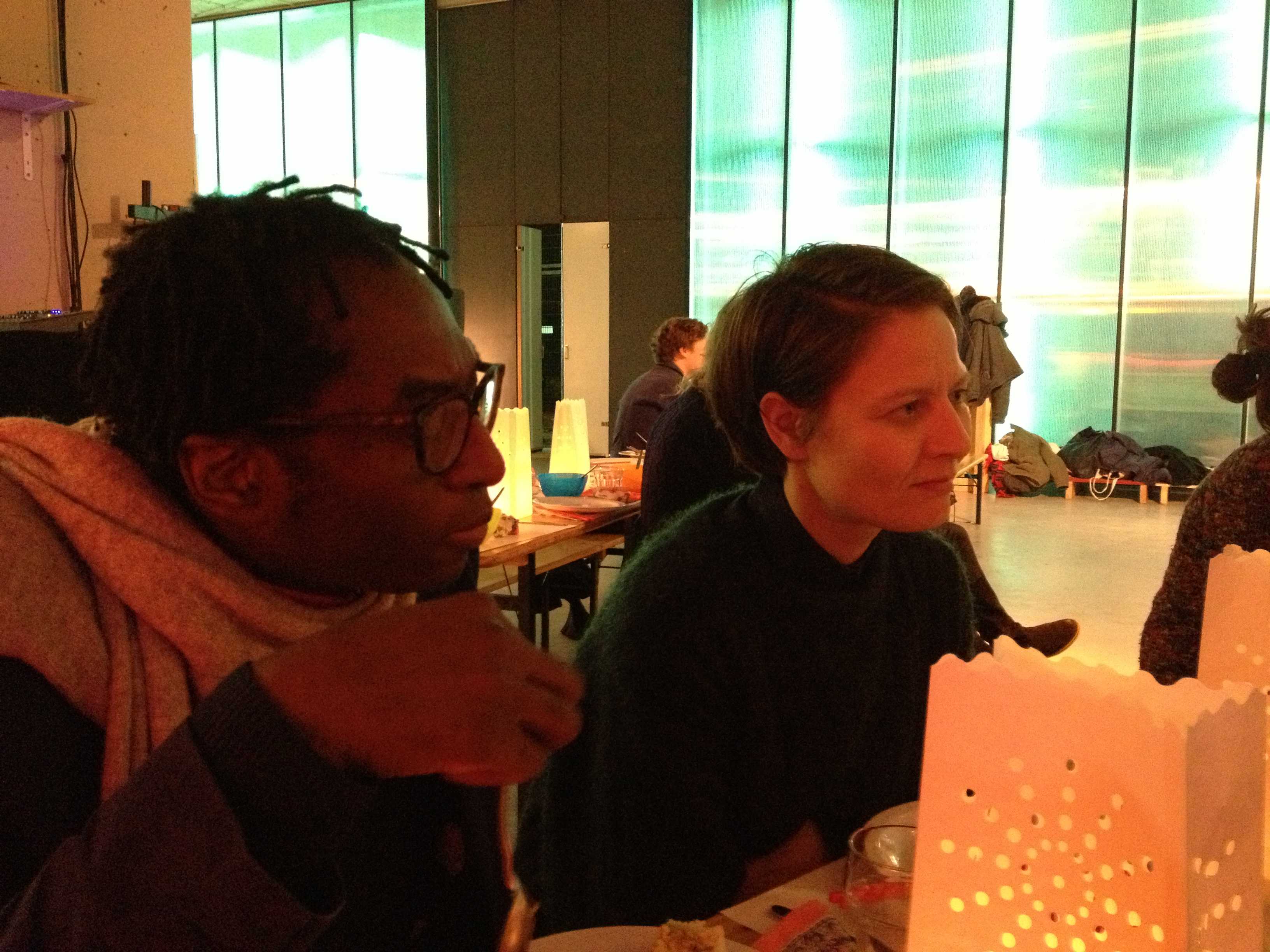 DAI Christmas dinner; tutors 2013-2014 Kodwo Eshun and Doreen Mende.