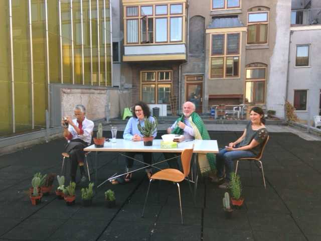 DAI 2015: graduation ceremony on the roof. With artistic director Gabriëlle Schleijpen (behind cactus), staff-members Rik Fernhout and Jacq van der Spek (to her right) and Ricardo Liong-A-Kong ( to her left).