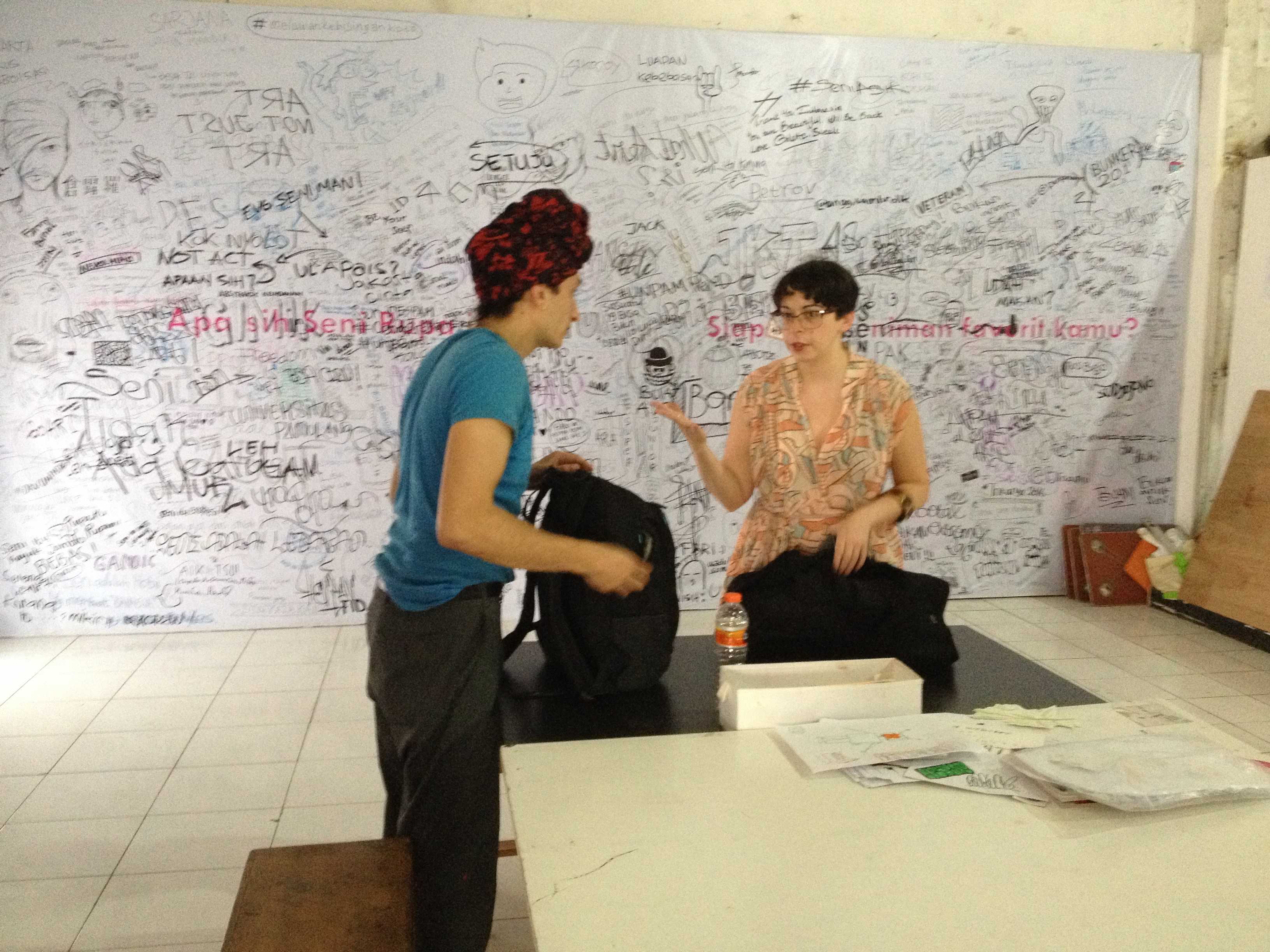 Tutorial Marina Vishmidt with student Panagiotis Panagiotakopoulos. Jakarta, 2015