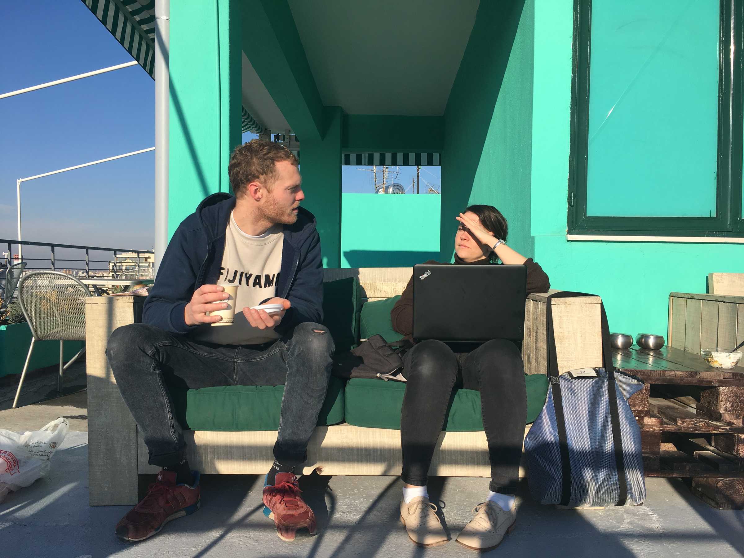 Morning chat on the roof, Floris Visser (DAI, 2018)  & Olga Micińska (DAI, 2018) during a DAI Week in Thessaloniki ~ January 2018.