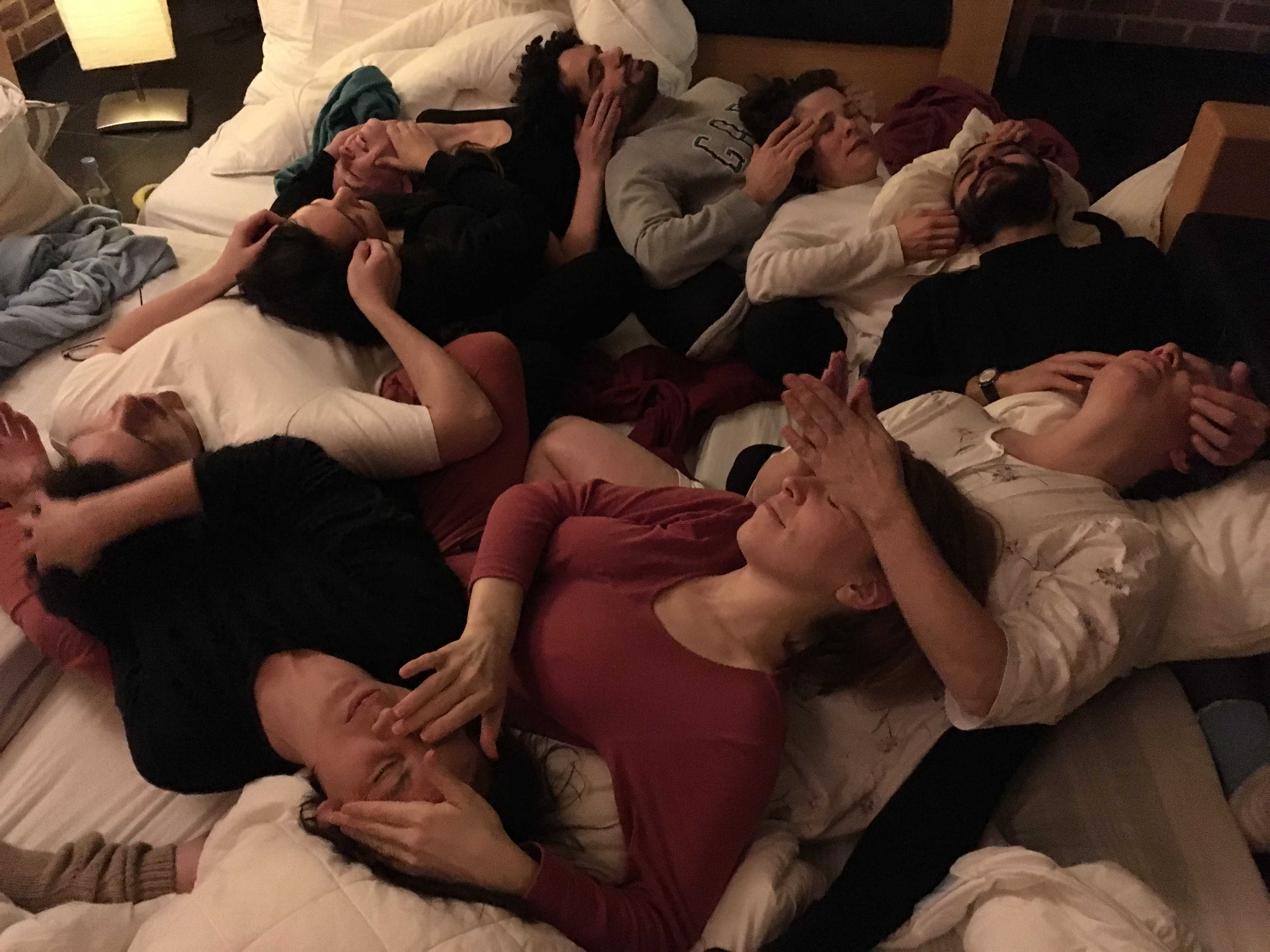 Facial massage and late night session of 'Sleeping with a Vengeance, Dreaming of a Life' a study group led by Maria Berríos, Tina Gverović and Ruth Noack,  @ Het Bovenste Bos in Epen, the Netherlands (photo credit: Leeron Tur-Kaspa, February 2018)