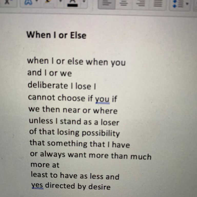 When I or Else, a poem by June Jordan, (in Haruko / Love Poems, 1994) hand-typed by Arnisa Zeqo, December 2017.