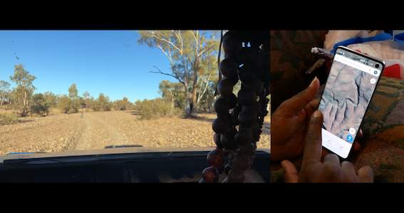 Image: Que Kenny directs the camera on Western Arrarnta country in 'INFRACTIONS' 2019, 1:03:00, HD video, split screen with text, Dolby 5.1. A split screen documentary platforming First Nations fighting threats of shale gas fracking to more than 50% of the Northern Territory of Australia. Dir: Rachel O'Reilly