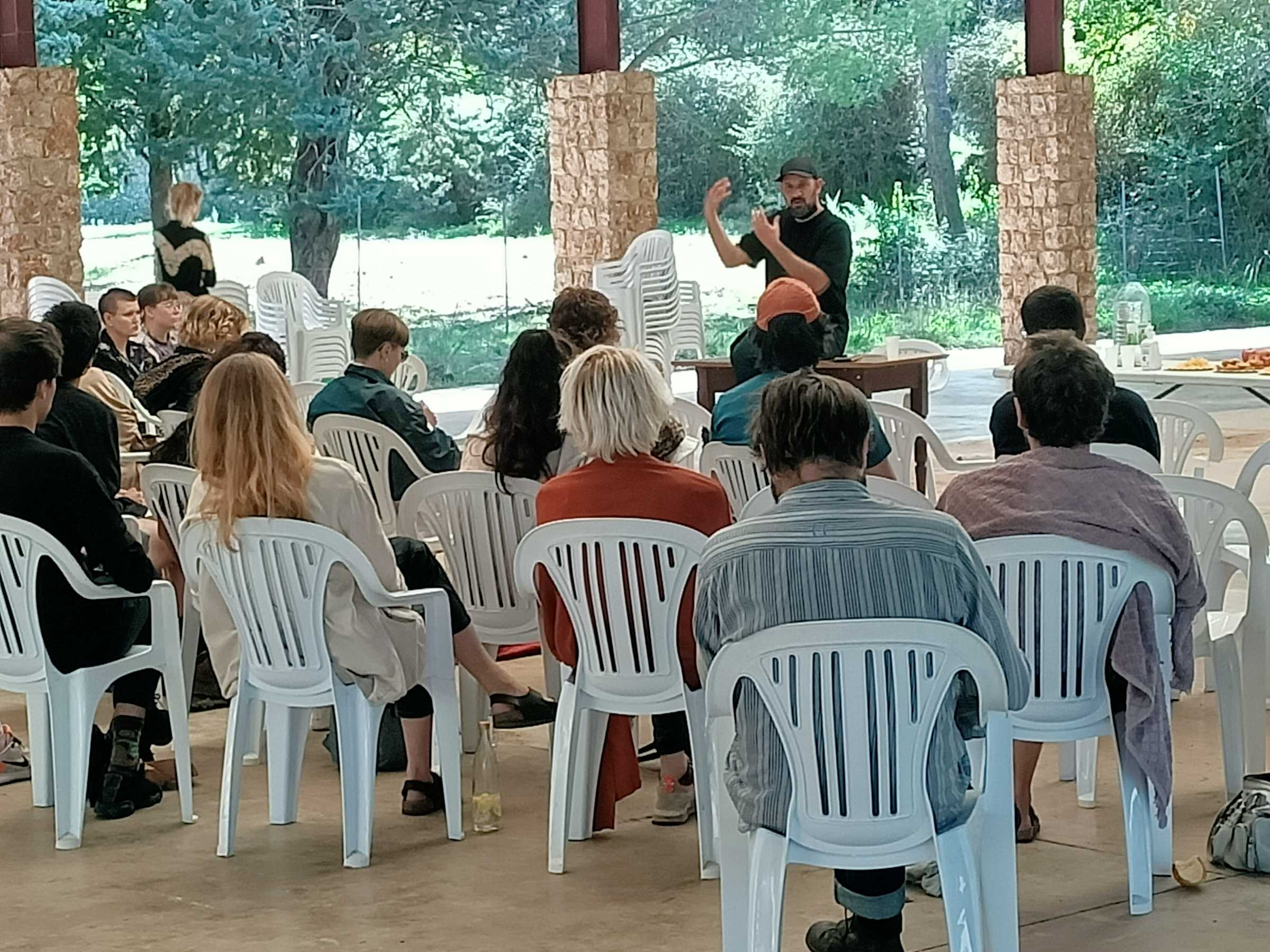 Senior coordinator Nikos Doulos introduces DAI's COOP format to incoming students 2021-2023. Photo: Gabriëlle Schleijpen. Santuary Lluc, Mallorca. October 7, 2021.  