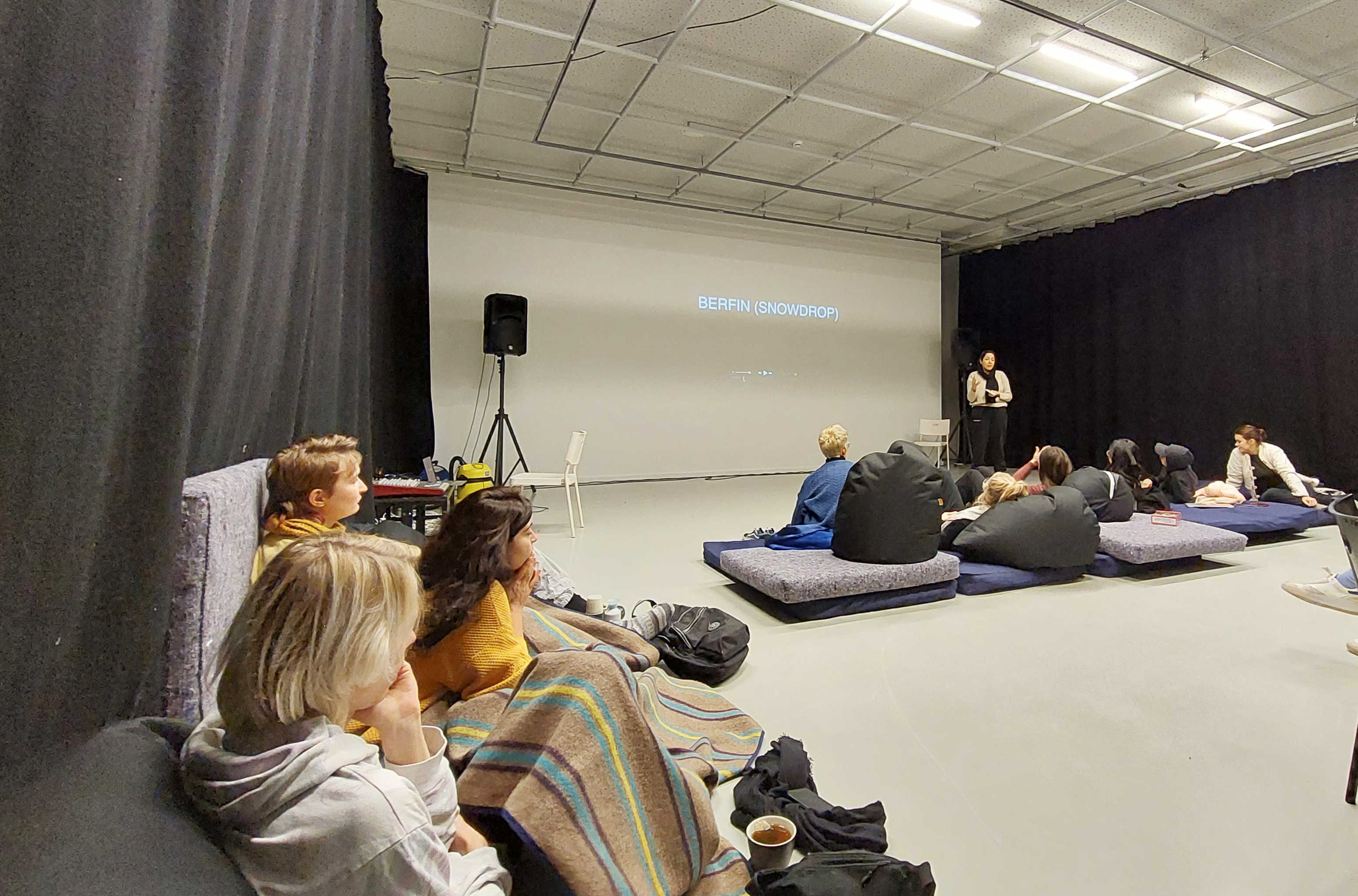 iLiana Fokianiaki introducing a combined evening screen session to COOP study group participants of The Coven of the Care-full and Curating Positions: Nostalgia for the light*: Struggles’ Reverberations in Cinema. NAC, November 2021. Photo credits: Nikos Doulos