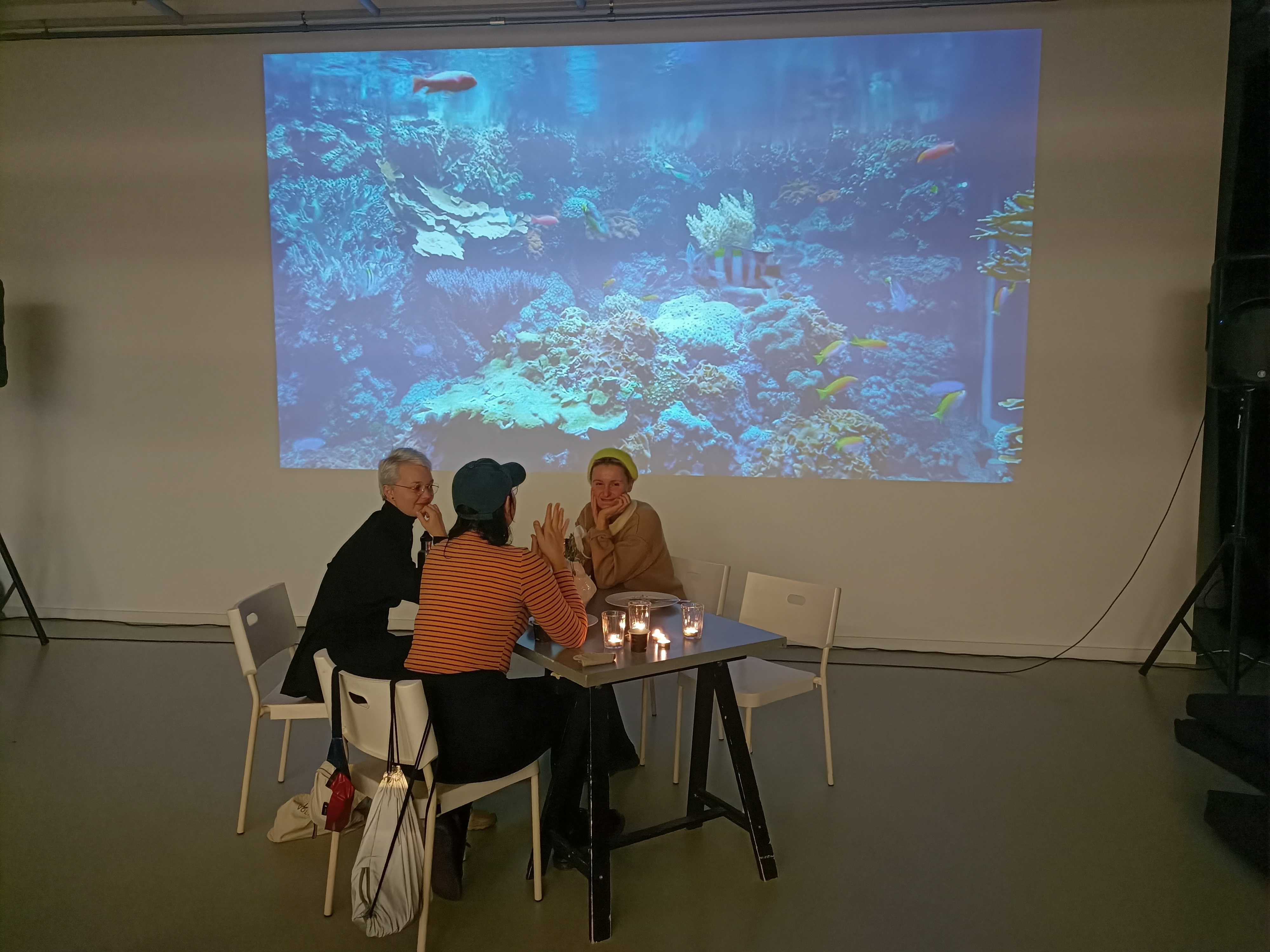 Dinner set up DAI @Nida, curated by Peter Sattler, with Eli, Lizzy and Laura. November 2021, photo: Gabriëlle Schleijpen