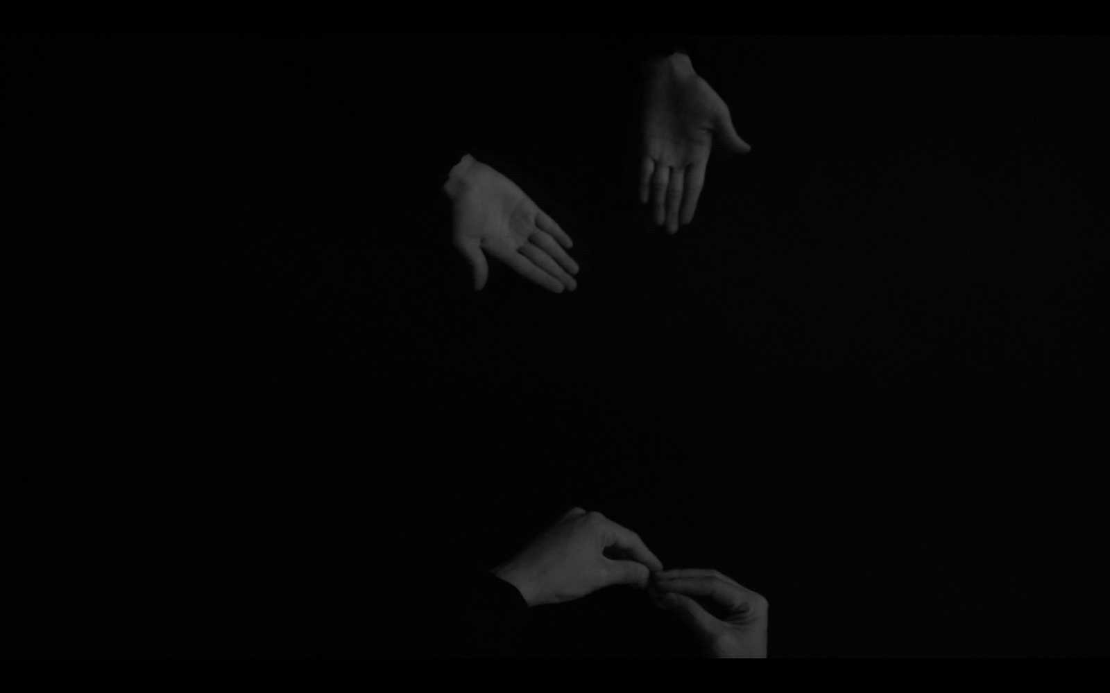 (Still image from A Seduction Trap. Listen,we have it all. Raffia Li & Shape of Language, 2018. )  Visual description: Two hands spreading out with palms up, forming the Chinese sign language word “Now”, but also as the starting position for word “Begin”; two hands folding with all ten finger tips touching, forming the Chinese sign language word “Night”, but also the ending position for word “Finish.”