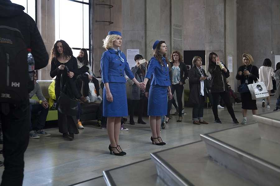 Kitty Maria and Elise Ehry introduce their ongoing performance as unemployed air hostesses into the Guild’s Headquarters. Photo-credit:  Ilya Rabinovich