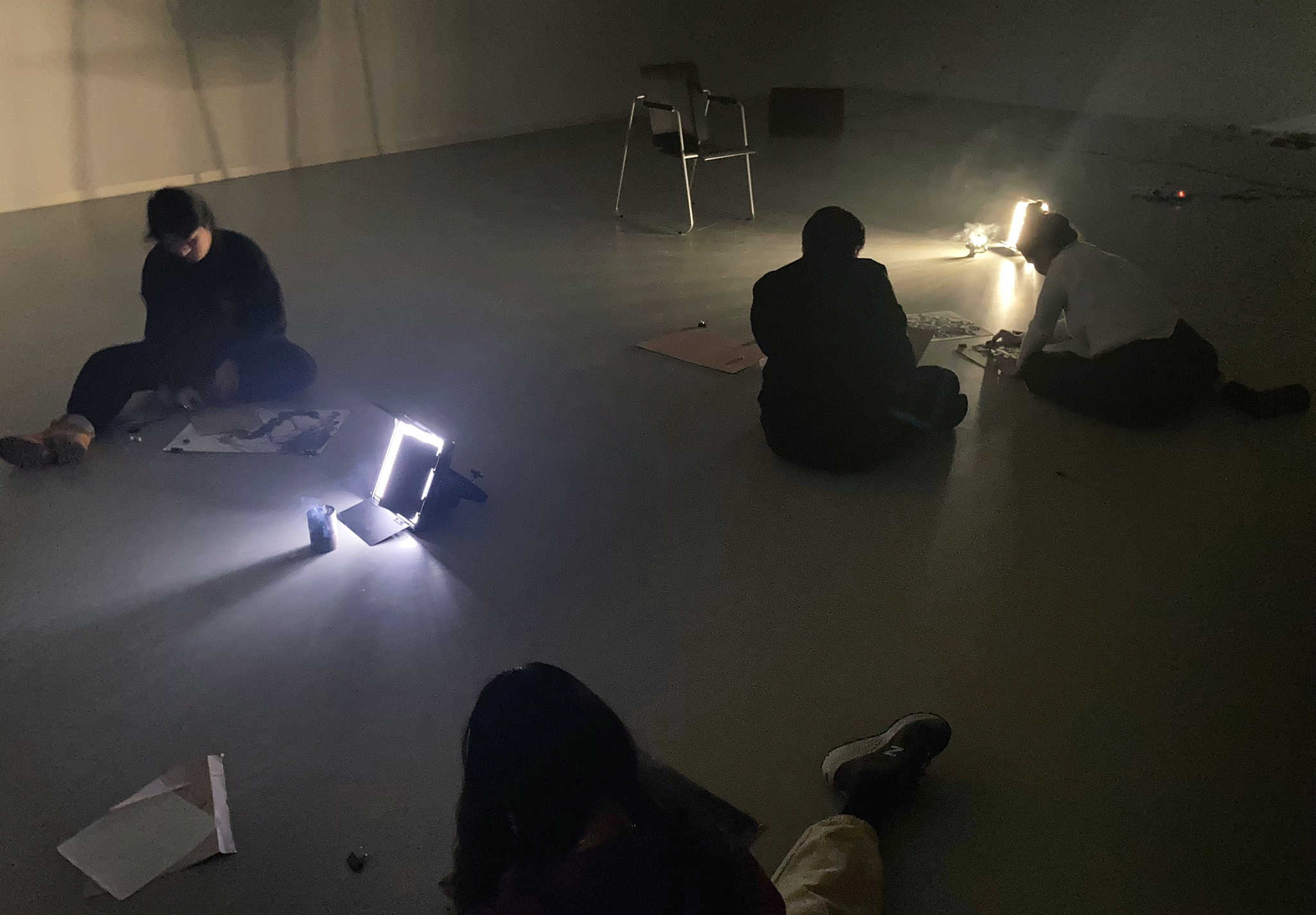 COOP study group - COOP study group ~ On Tradition - Future Ancestors 3: The Mother, The Archival and The Symbolic Order: Drawing smoke session led by Claudia Castellucci. NAC (Nida Art Colony), Nida. January 2023. Photo credit: Gleb Maiboroda.
