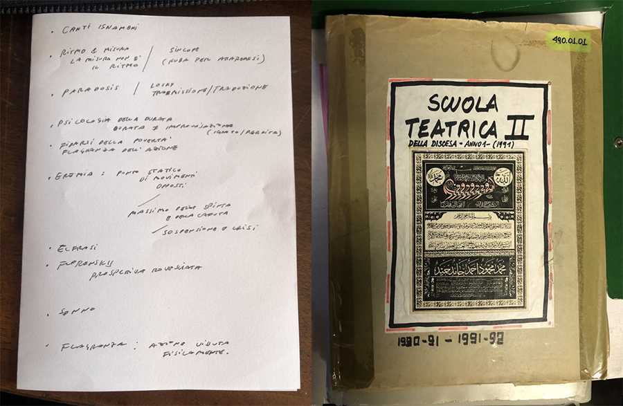 (1) Znamenny songs, paradosis, psychology of duration, eremia (a static point of two opposite movements), sleep. Notes for the NIDA ART COLONY, Image: Andrea di Serego Alighieri, 2022. (2) Folder from “Scuola teatrica della discesa I-II” found in Claudia Castellucci’s archive, Cesena (IT). 