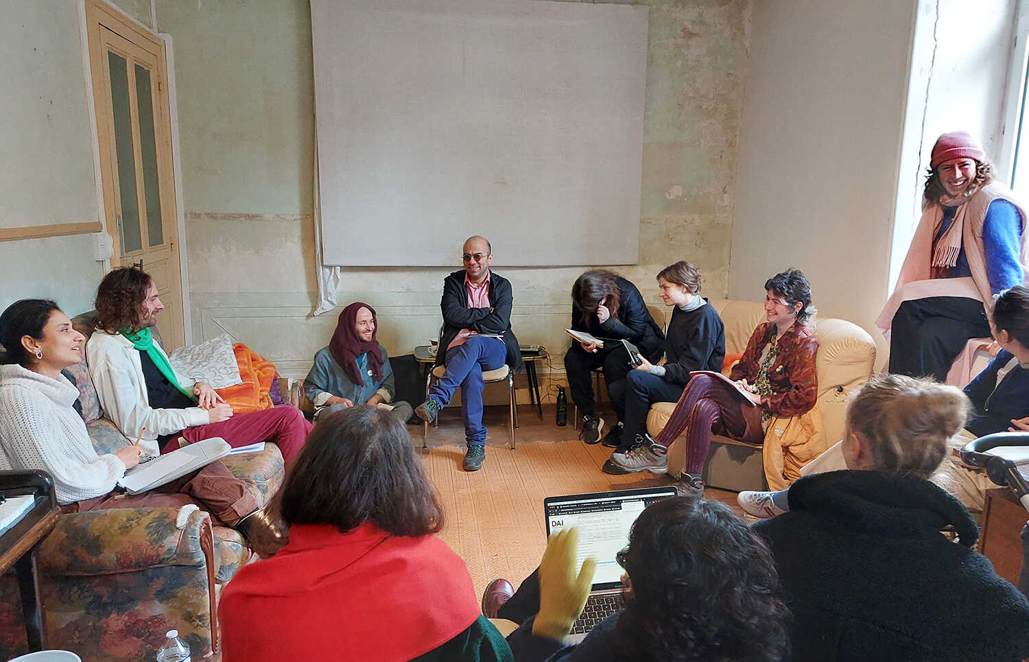Close(r) Encounter with COOP study group ~ Institution-in-Rehearsal: A Laboratory of Form-Ideas and Research-Practices tutors Hajra Haider Karrar & Hubert Gromny. PAF (St.Erme), November 2023. Photo credit: Nikos Doulos.