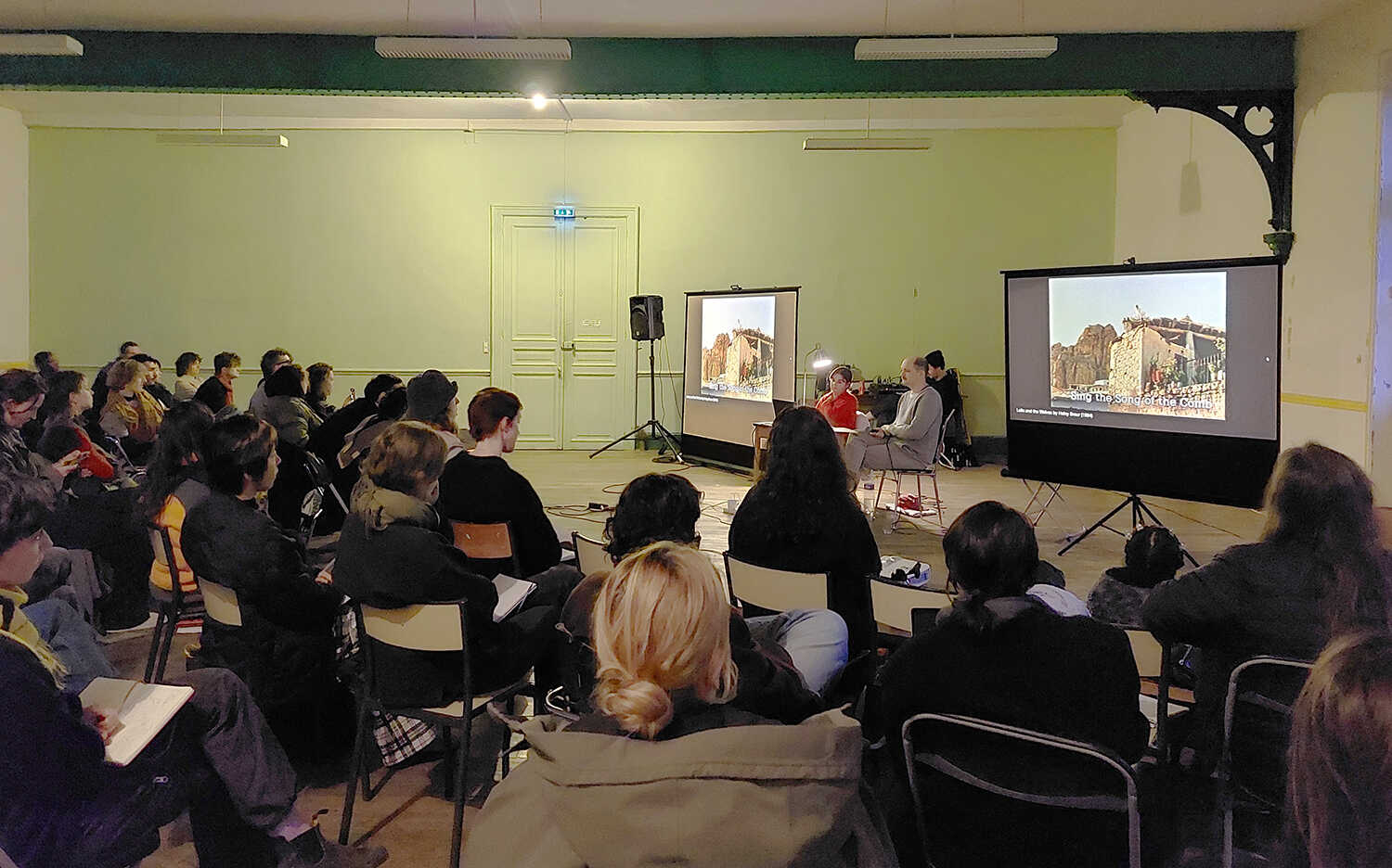 Leire Vergara & Leon Filter introduce 2023-24 COOP study group ~ Curating Positions: Stream of consciousness: between collective filmmaking and anarchist thought. PAF (St.Erme), November 2023. Photo credit: Nikos Doulos.