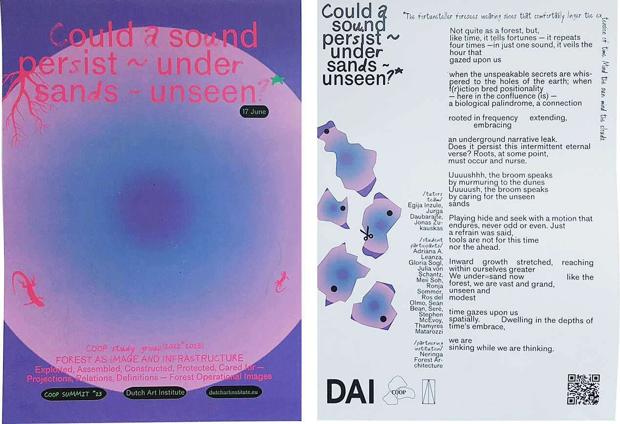 2023 Could a sound persist ~ under sands ~ unseen? Poster series (purple edition). Designed by COOP study group FOREST AS IMAGE AND INFRASTRUCTURE Exploited, Assembled, Constructed, Protected, Cared for – Projections, Relations, Definitions – Forest Operational for COOP SUMMIT 2023, Nida.