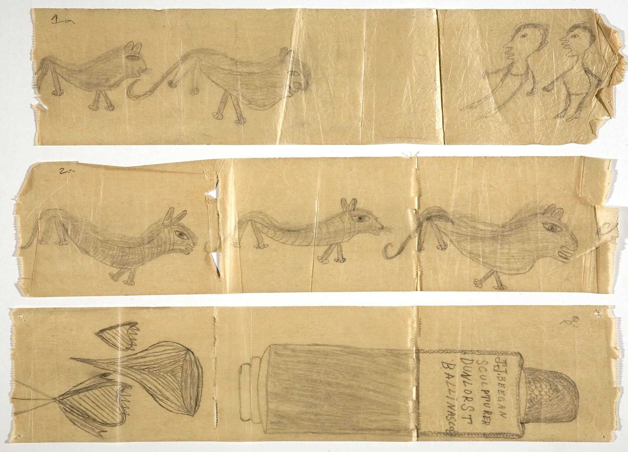 Graffiti on lavatory paper, J.J. Beegan. Courtesy of the Adamson Collection and the Wellcome Collection. Three numbered drawings by J.J. Beegan on three strips of tissue paper. The first drawing features lions facing humans facing each other. The second drawing features three lions all facing the same direction. The third drawing features three heart shaped flowers at the base of the scene, with a bottle floating on top. The bottle features text, reading “J.J. BEEGAN SCULPTERER DUNLOR ST BALLINASLOE.”