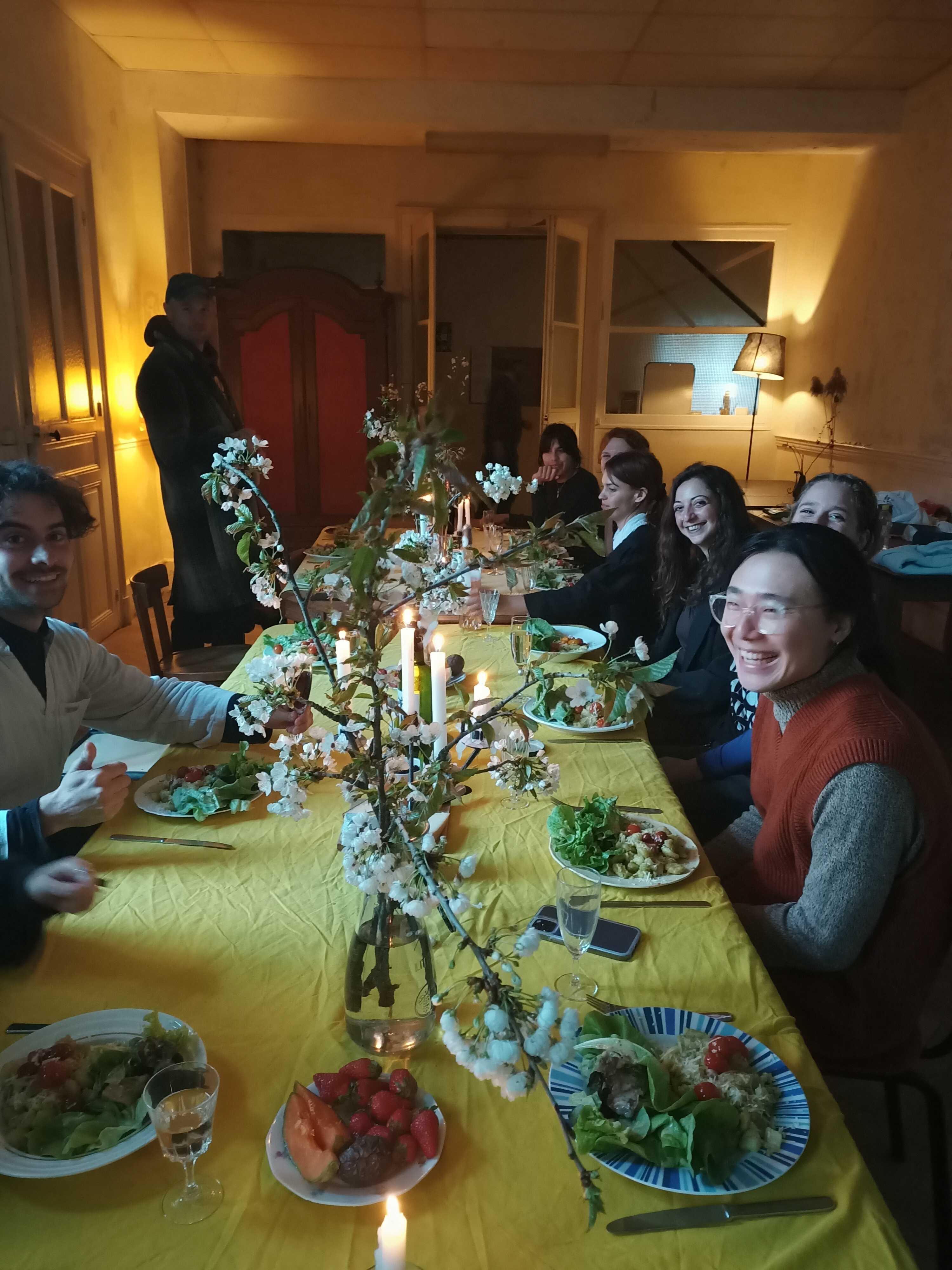 COUNCIL dinner-meeting of 15 April, 2023 to say thanks to Theresa Zwerschke, Cornelia Isaksson and Iliada Charalampous (COUNCIL team 22-23) and to welcome Elif Cadoux, Noam Youngrak Son and Dalia Maini (COUNCIL team 23 -24). Table layed and decorated by Kastė Šeškevičiūtė in the Living Room at PAF, St. Erme. Photo: Gabriëlle Schleijpen.