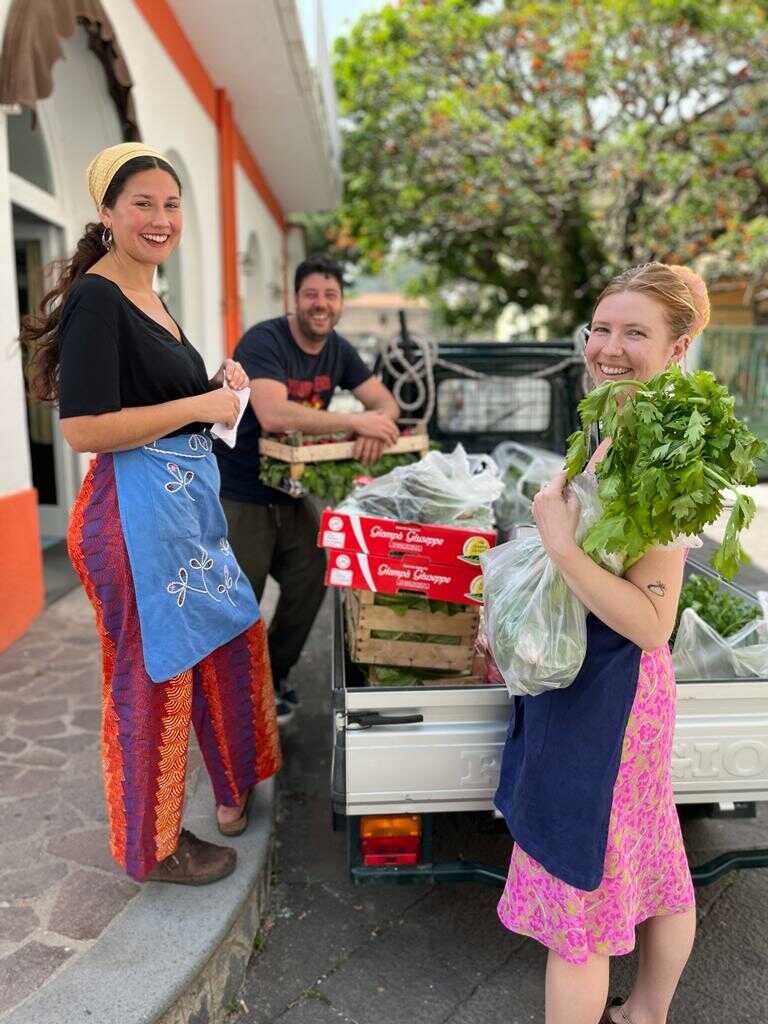 Chefs Sofia & Rowan acquiring local vegetables in preparation of DAI lunch at La Vela, Sante Marina Salina. 12 May, 2023. Photo: Elettra Bottazzi.