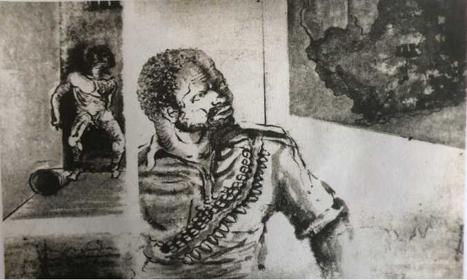 “Medu’s graphics unit was asked to illustrate a publication of Mongane Wally Serote’s epic poem, The Night Keeps Winking. In 1982 Thami used this sketch of a commissar giving a briefing to MK cadres at a camp in Angola. He commented to me (privately, not in the meeting where we discussed it) that he made the original sketch from life, during the briefing, while he was training. To my knowledge, it is the only life-drawing in existence done in the MK camps.” Seidman, Judy. Drawn Lines : An Autobiography. Johannesburg, Judy Seidman, 2017