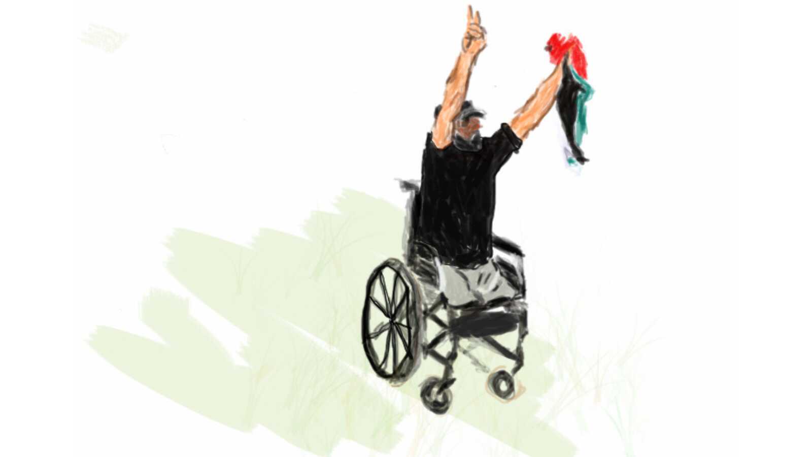 IMAGE DESCRIPTION: Digital sketch drawing by Kalyn Heffernan of Ibrahim Abu Thurayeh on the front lines in Gaza. Holding high a peace sign and the Palestinian flag in a wheelchair as a double amputee with no legs. Shot and killed by israeli soldiers at 29 yrs old after being shot losing both his legs for protesting. Source: https://disabilityvisibilityproject.com/2023/12/02/why-palestinian-liberation-is-disability-justice/