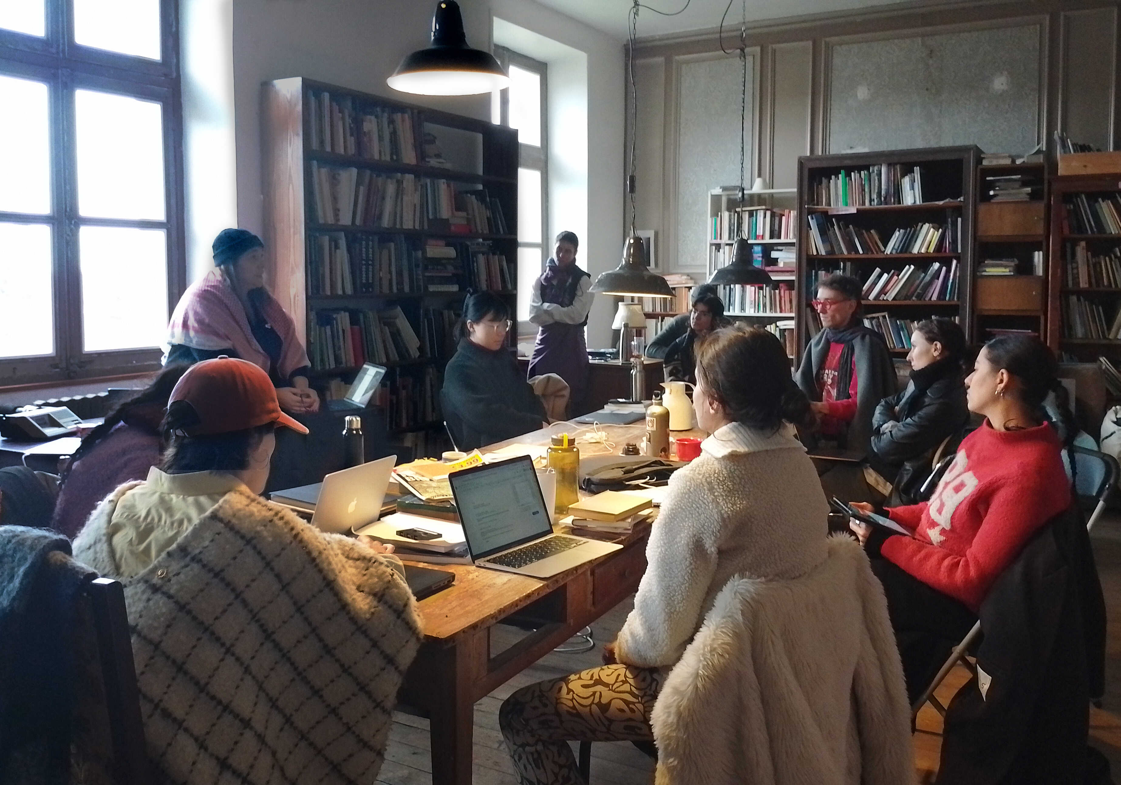 COOP ~ Choreopoethics: undisciplined corporeal publishing and choreographic planning. Reading session with group participants feat. Lilia Di Bella, Chiara Figone and Samira Ghoualmia. PAF (St.Erme), March 2024. Photo credit: Foad Alijani.