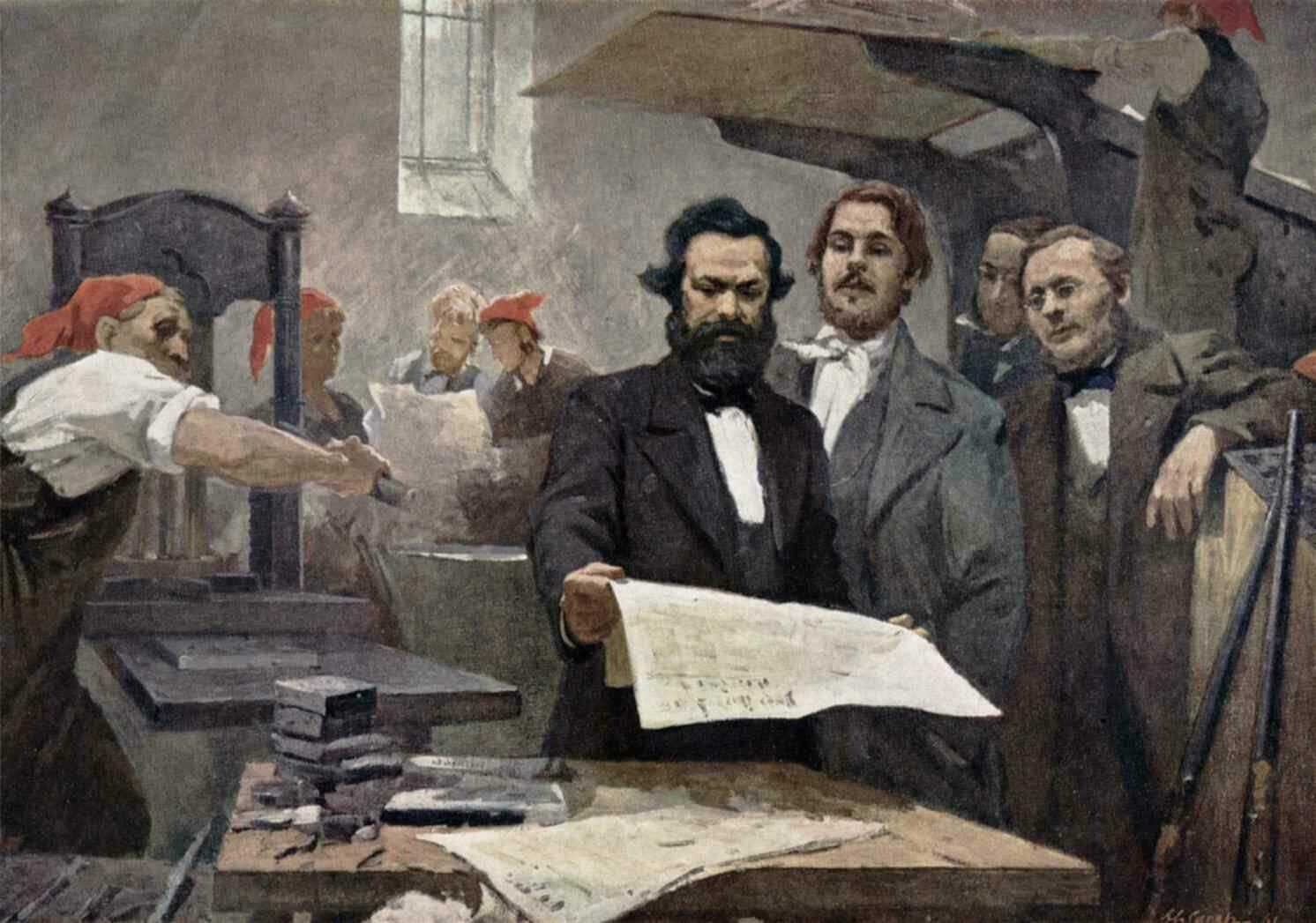E. Capiro, Marx and Engels in the print shop of the Rheinische Zeitung, 1895.