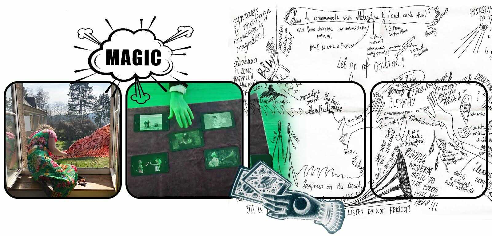 'Magic cards'. Comic strip for March Chronicle; COOP ~ Curating Positions: Stream of consciousness: between collective filmmaking and anarchist thought. Designed by Mia Tamme & Anna Buyvid  PAF (St.Erme), March 2024.