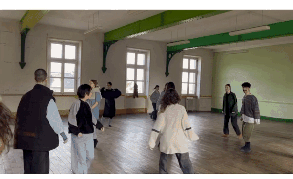 Participating in the hive-mind: Somatics & Theatre games. Workshop by Dimitris Chimonas. PAF (St.Erme), March 2024. Gif credit: Shaza Omran.