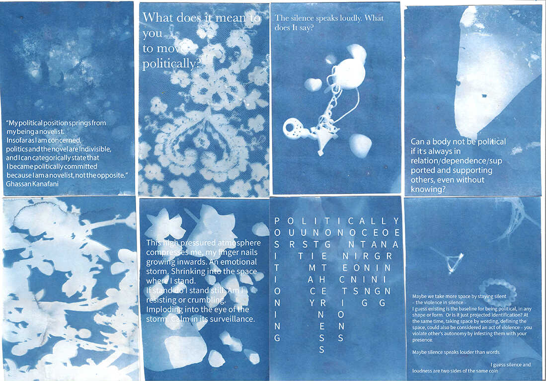 Mapping: a composition of cyanotype prints from a workshop led by Gloria Sogl with text contributions by COOP participants following a reading session. Essaouira, April 2024. 