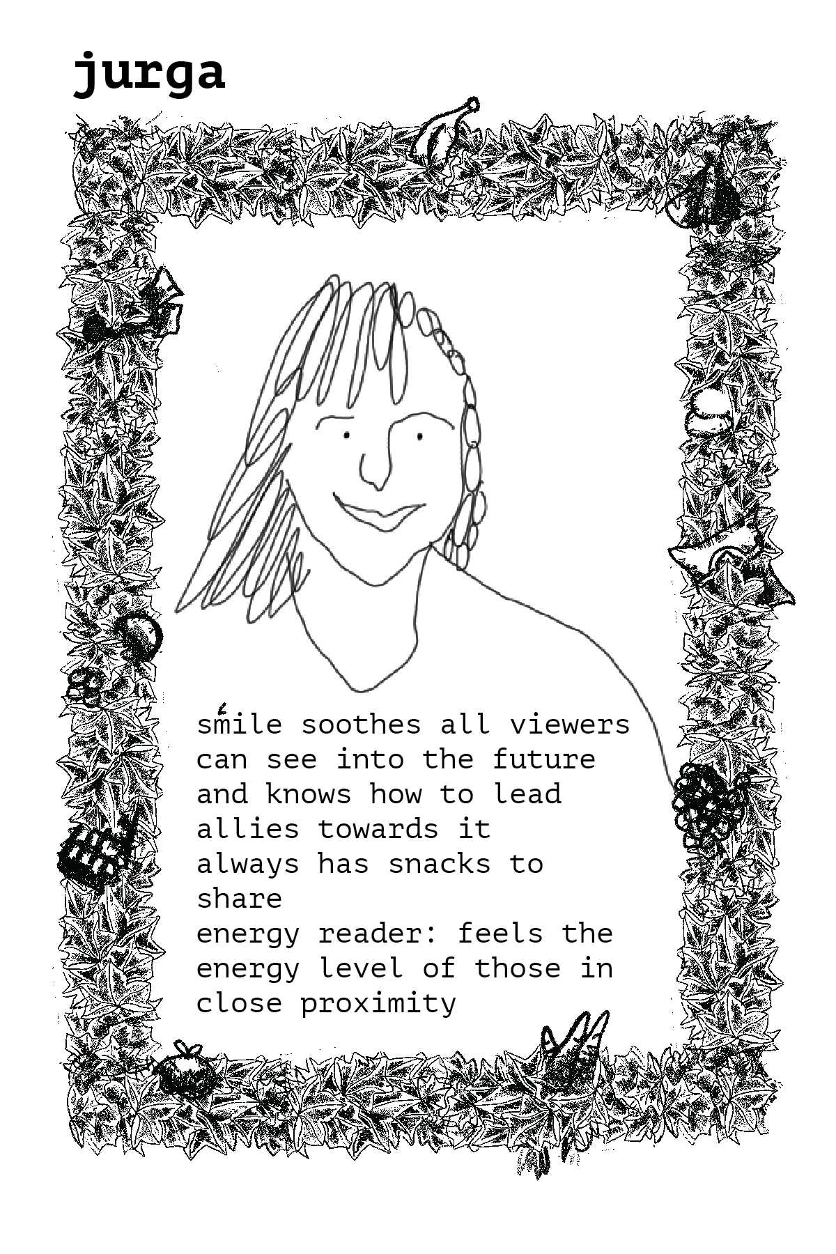 Jurga illustrated character card. Illustration credits: Bel McLaughlin & Ian Nolan. Middelburg, May 2024.