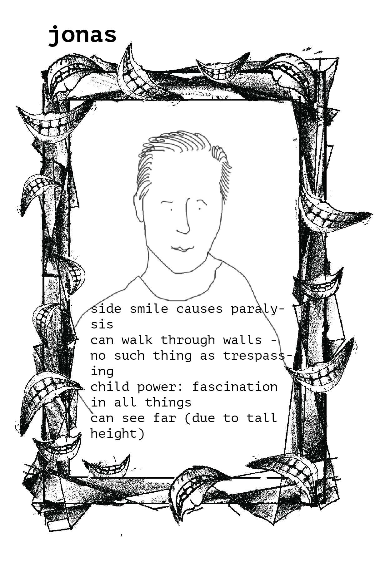 Jonas illustrated character card. Illustration credits: Bel McLaughlin & Ian Nolan. Middelburg, May 2024.