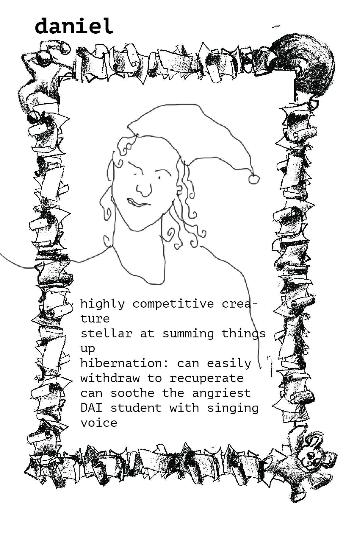 Daniel illustrated character card. Illustration credits: Bel McLaughlin & Ian Nolan. Middelburg, May 2024.