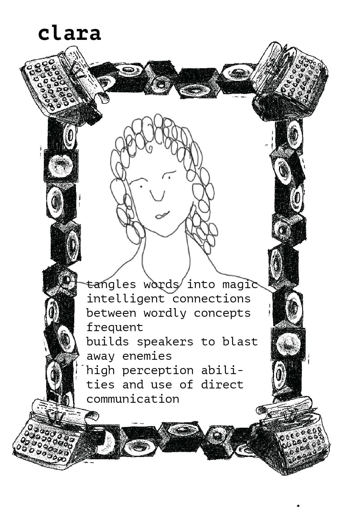 Clara illustrated character card. Illustration credits: Bel McLaughlin & Ian Nolan. Middelburg, May 2024.