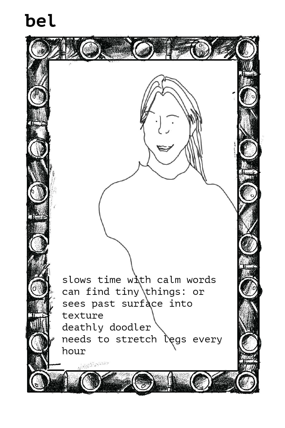 Bel illustrated character card. Illustration credits: Bel McLaughlin & Ian Nolan. Middelburg, May 2024.